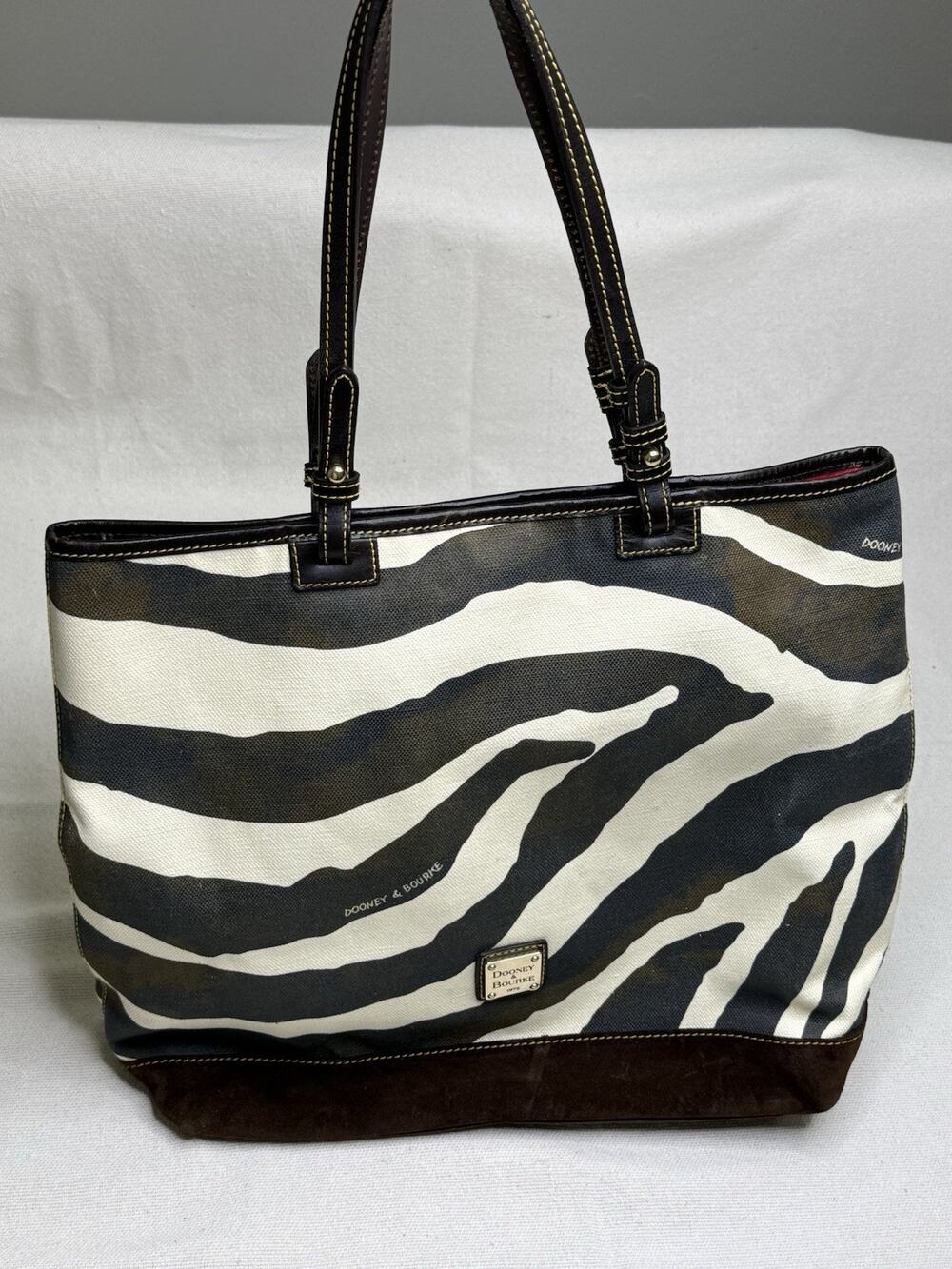 Dooney & Bourke Zebra Printed Canvas Leather Trim Suede Bottom Tote Bag